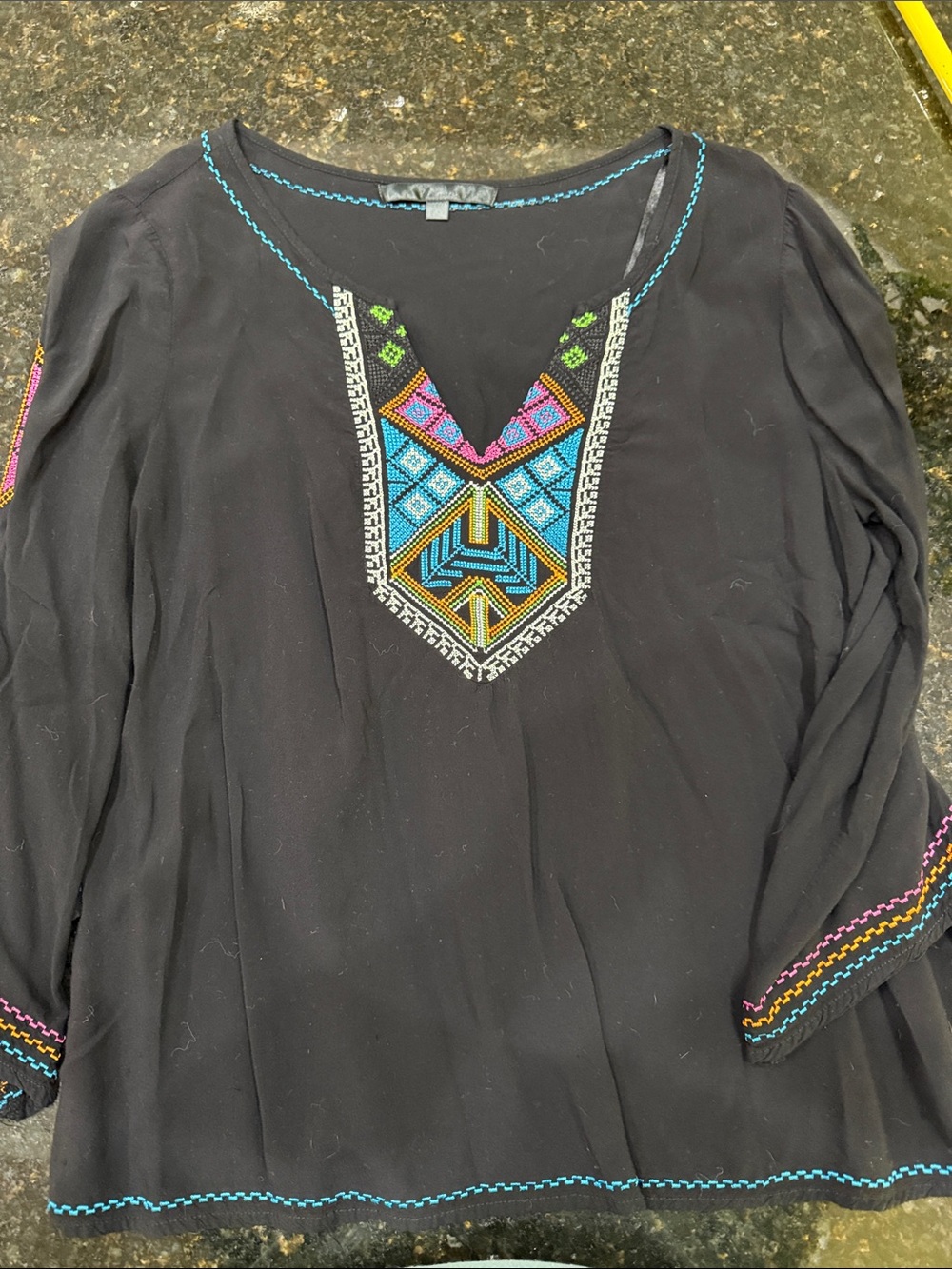 Black Embroidered V-Neck Women's Top